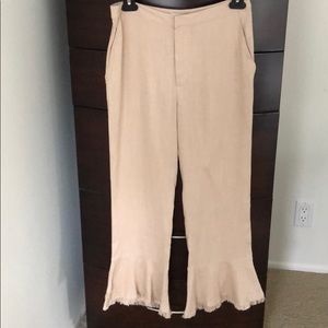 Tan Linen Fringe Hem Bell Bottoms